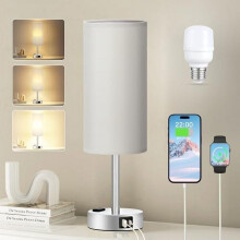 Light Grey 3-Way Dimmable Touch Table Lamp with USB-C/A, AC Outlet, Silver Base – LED Bulb Included, Compatible with Nightstand/Desk/Nursery