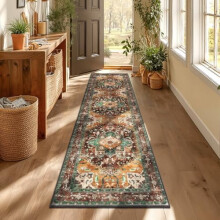 Tapis de couloir lavable 2x7, tapis bohème vintage antidérapant avec envers en caoutchouc – résistant aux taches, design vieilli pour couloir,