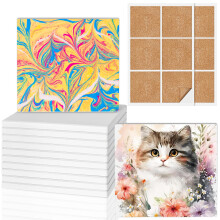 Ceramic Tiles for Crafts, GOH DODD 12 Pack Unglazed Blank Coasters White Tiles Pottery Painting Kit with 12 Cork Backings for Alcohol Ink, Painting,
