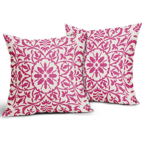 Conjunto de 2 capas de almofada boho rosa choque em linho, 50x50cm (20x20 polegadas). 1