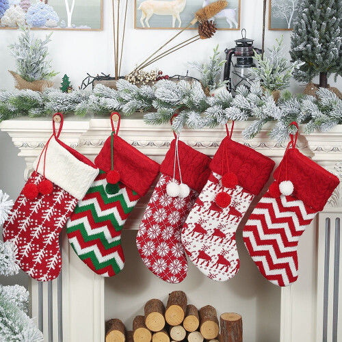 Meias de Natal de tricô, 40 cm (16 polegadas), com estampa de flocos de neve, renas e bonecos de neve, perfeitas para decorar presentes, doces e