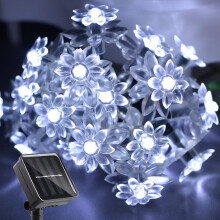 12 meter lange lichtslinger met bloemenmotief op zonne-energie, 100 koelwitte LED's, 8 standen, waterdicht – geschikt voor buiten, tuin, veranda en