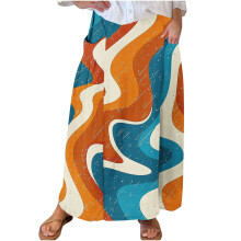 Gonne da donna alla moda, Gonne da donna, Gonna lunga maxi casual a vita alta con stampa e tasche arancione L