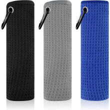 Set van 3 wafelgolfhanddoeken van 40 x 40 cm met karabijnhaak – Absorberende microvezel, drievoudig opvouwbaar, draagbaar – Grijs/Rood/Zwart