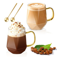 LOOFORE Glass Coffee Mugs 350ml Set of 2, Glass Mugs for Hot/Cold Drinks with Handles and Spoon, Borosilicate Heat Resistant Cups for Cappuccino Latte