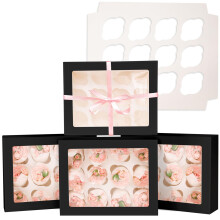 Gcardist Auto-pop Up 12 Cupcake Boxes with Window Black 6 Packs Cupcake Box 33x25.4x9cm Bakery Boxes For Cupcakes Carrier, Cupcake Containers