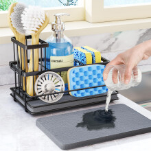 HapiRm Kitchen Sink Caddy Black - Self Draining Sponge Holder with Brush Holder and Instant Drying Stone, Rustproof 304 Stainless Steel Kitchen Sink