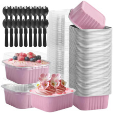 Hikrxya 60 Pack Mini Cake Baking Cups with Lids and Spoons - 150ml Reusable Aluminum Square Baking Cups - Mini Loaf Pans for Dessert Bread Wedding
