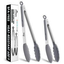HOTEC Premium Stainless Steel Locking Kitchen Tongs with Silicon Tips, Set of 2-9" and 12" Light Grey