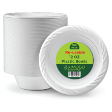 XIMOGO Pack of 100 White Plastic Bowls ? 12 OZ, Washable & Reusable ?Microwaveable- Perfect for Parties, Dessert, and Picnic