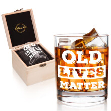 LIGHTEN LIFE Old Lives Matter Whiskey Glass 340ml,Rock Glass in Valued Wooden Box,Funny Birthday or Retirement Gift for Grandpa,Dad