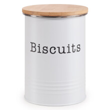 EHC Round Enamel Airtight Seal Cookie/Biscuit Kitchen Storage Canister Jar With Wooden Lid, White