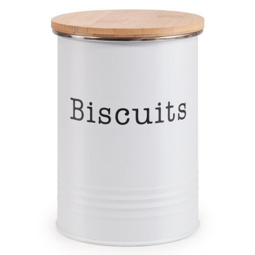 EHC Round Enamel Airtight Seal Cookie/Biscuit Kitchen Storage Canister Jar With Wooden Lid, White