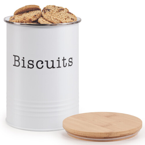 EHC Round Enamel Airtight Seal Cookie/Biscuit Kitchen Storage Canister Jar With Wooden Lid, White 1
