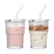INSETLAN 380ml Glass Tumbler with Lid and Straw 2 Pack - Ribbed Glass Cup Iced Coffee Glasses, Clear Leakproof Tumbler Cup for Smoothies, Iced