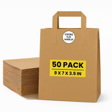 Brown Kraft Paper Bags with Handles ? 50 Small Recyclable Biodegradable SOS Carrier Bags (9" x 7" x 3.5") | Eco-Friendly, Strong Takeaway, Grocery,