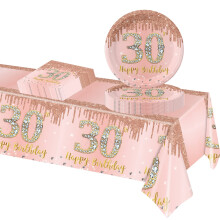 POPOYU 37Pcs Rose Gold 30th Birthday Tableware Set,Happy Birthday Party Dinnerware Set,Rose Gold Paper Plates 9 Inch Napkins Table Cloth for Women,Her