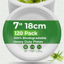 PRIME FEEL 7 Inch (18cm) Disposable Paper Plates [120 Pack] - 100% Compostable Sugarcane Plates, Heavy-Duty & Eco-Friendly for Parties, Events, BBQs,