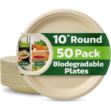 Strong Paper Plates (10inch - 50 Pack) ? 100% Compostable Disposable Plates ? Heavy Duty Natural Sugarcane Eco-Friendly Biodegradable Plastic Free