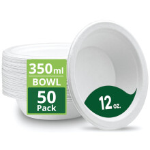 Strong Paper Bowls (350ml / 50 Pack) Disposable Compostable White Bagasse Bowls for Party ? Biodegradable Eco-Friendly Microwavable Soup Bowl for