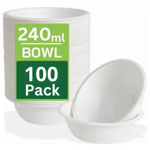 Strong Bagasse Paper Bowls (240ml / 100 Pack) Disposable White Sugarcane Bowl - (4.5 x 1.77 in) Compostable Biodegradable Microwavable Soup Bowls,