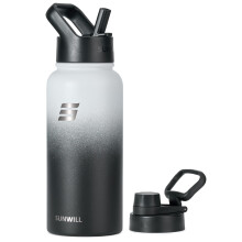 SUNWILL Metal Water Bottle 1l Stainless Steel, Insulated Leakproof Thermal Flask with Straw and 2 Lids for Cold and Hot Drink, Running, Sports, Gym,