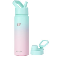 SUNWILL Stainless Steel Water Bottle with Straw, 650ml Insulated Water Bottle Metal, Leakproof Water Flask for Gym & Travel, Gradiant Mint Sakura