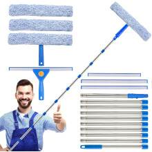 3.8m Window Cleaning Equipment Cleaner Tool with Long Extendable Pole, 35cm Scrubber(3 Replaceable Sleeves), 3 Squeegees(35cm *2 & 25cm *1), Ideal