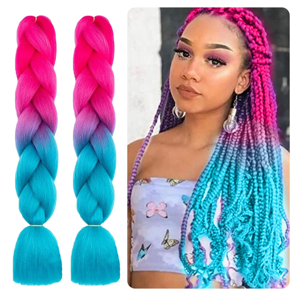 Leogony 2Pcs 3 Tone Hair Extensions For Braiding, Fake Braids Hair, Peach Lake Blue Purple Plait Coloured Synthetic Wig