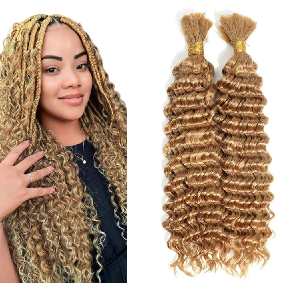 Tuheerst Unisex Pre Stretched Braiding Human Hair 28 28 Inch #27 Honey Blonde Deep Wave 50G/Bundle Total 100G Unprocessed No Weft Boho Braids Human Hair