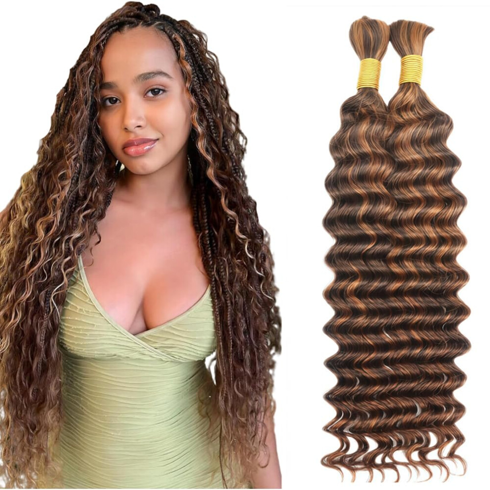 Gsoroel Unisex Brown Human Braiding Hair P4/30 Highlight 50G/Bundles Deep Wave Virgin Unprocessed No Weft 2 Bundles/Pack Boho Braids Human Hair Extensions 12