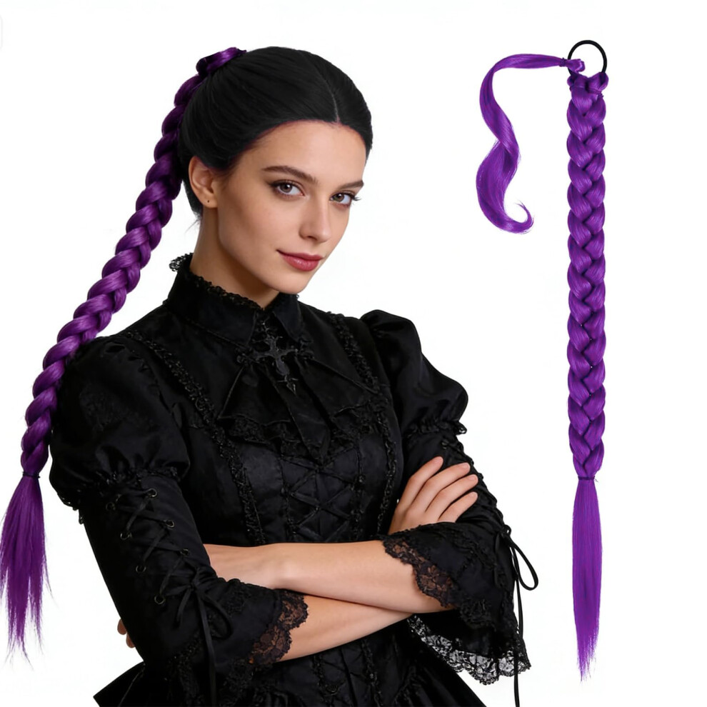 Mbsivsa 24 Inch Purple Hair Extensions, Pre-Braids Purple Braiding Hair For Halloween Costume Cosplay Stage Partiesie, Long Ponytail Extension With Elastic