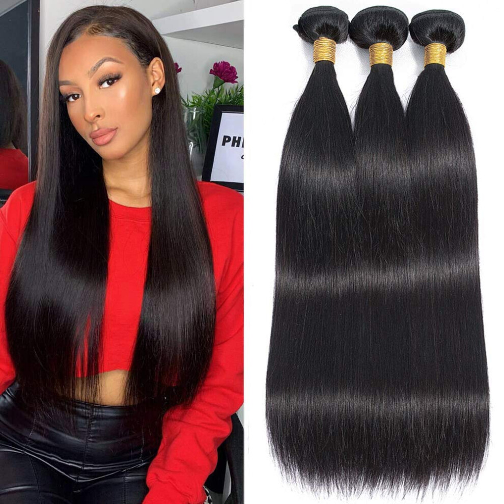 Clarolair Brazilian Straight Hair 3 Bundles Brazilian Virgin Hair Weft Straight Bundles 12A Straight Human Hair Bundles Natual Black Color 300G (18 20