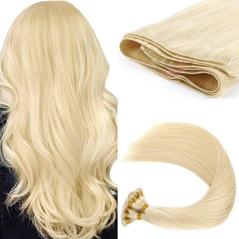 Abh Amazingbeauty Hair Unisex Silver Sew In Hand Tied Weft Hair Extensions, Sew In Hair Extensions Remy Human Hair, Platinum Blonde Color 60, Blonde Hair Weft