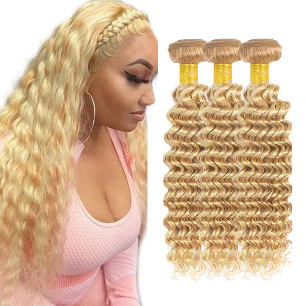 Jucames Unisex Deep Wave P27/613 Highlight Blonde Human Hair Bundles Honey Blonde Double Weft Virgin Unprocessed Human Hair Extensions Weave 3 Bundles Total