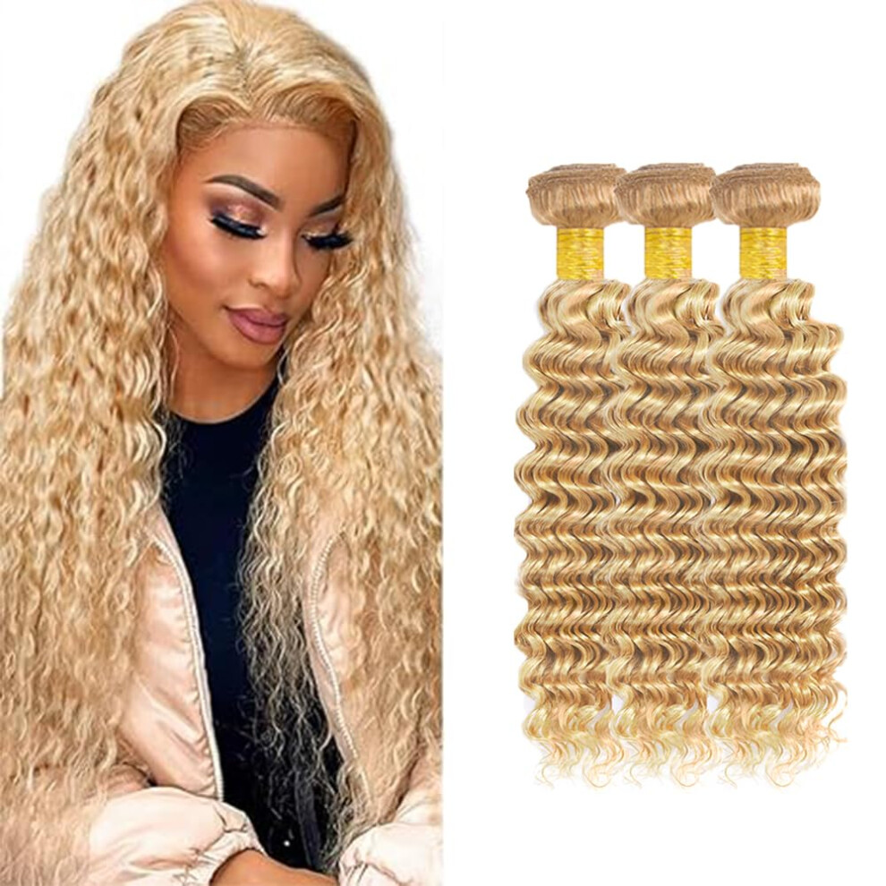 Jucames Unisex Deep Wave P27/613 Highlight Blonde Human Hair Bundles Honey Blonde Double Weft Virgin Unprocessed Human Hair Extensions Weave 3 Bundles Total