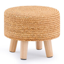 Handwoven Water Hyacinth Ottoman with Wooden Legs, Natural Seagrass Footstool for Indoor Outdoor Use
