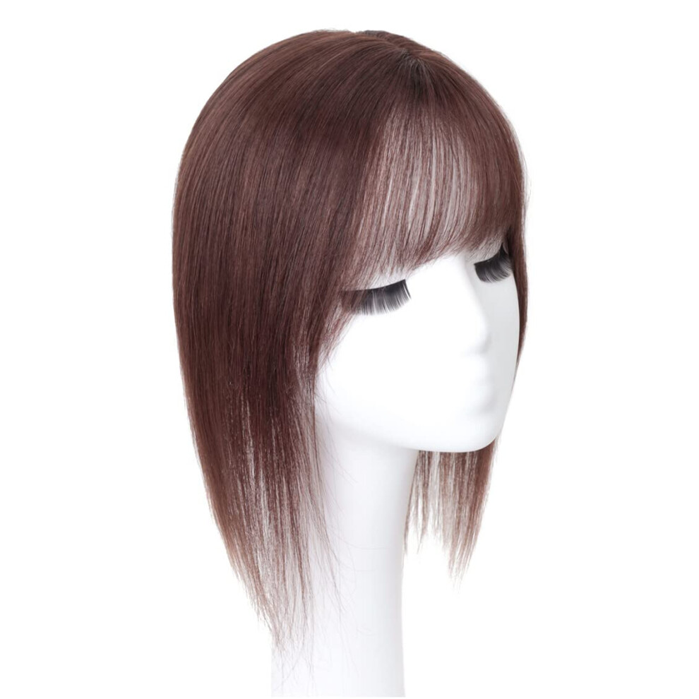 Lesafev Unisex Brown Middle Part Silk Part Base Human Hair Topper 7X10cm Forehead Straight Clip In Hairpiece With Wispy Fringe 30Cm Dark