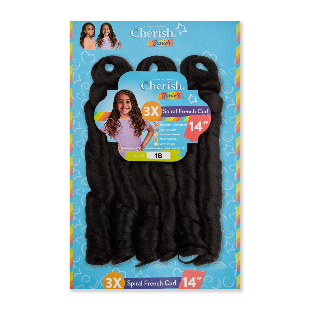 Cherish Unisex Black Junior Synthetic Curly Bouncy Hair Extension Braid - 3 X Spiral French Curl 14 Inches (1B Off/Black)