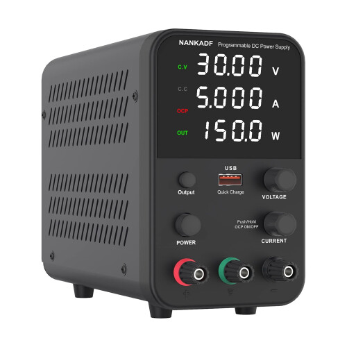 DC power supply (0-30V,0-5A) adjustable, switching power supplies, mini high precision 4-digit display with USB fast charging interface, variable lab