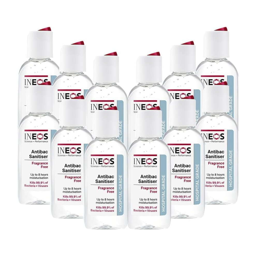 Ineos Hygienics Ineos Mini Antibacterial Hand Sanitiser Gel 50Ml - Fragrance Free - Hospital Grade Disinfectant, Eliminates 99.9% Of Viruses And Bacteria, 12 X 50Ml,