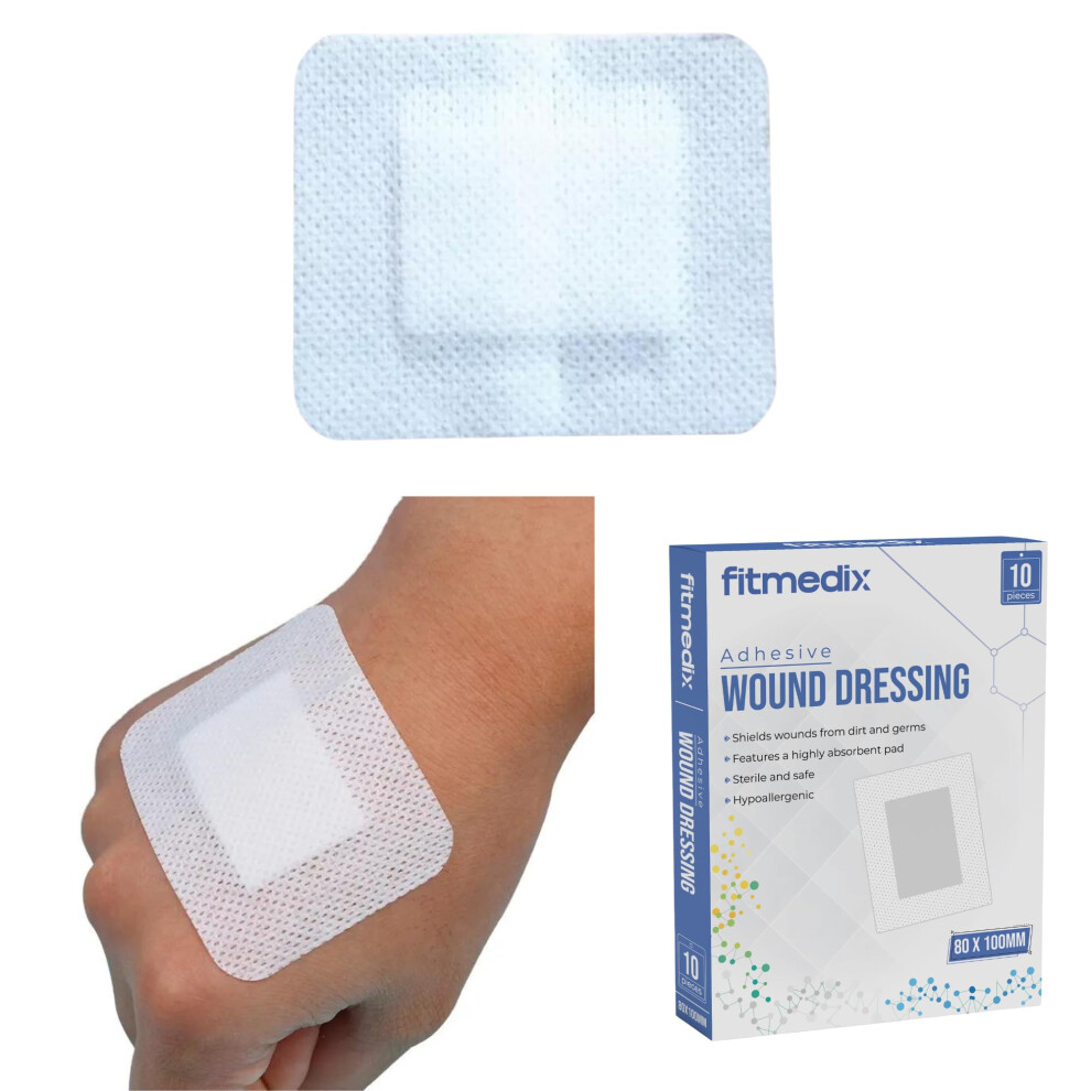 Fitmedix Adhesive Wound Dressings (80Mm X 100Mm)- **Pack Of 10** Sterile Dressings For Wounds, Cuts, Grazes, Diabetic Leg Ulcers, Venous Leg Ulcers & Small Pr