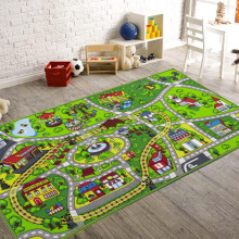 Kids Play Rug with City Road and Train Design, Washable NonSlip Mat for Boys and Girls 2'2'x3'7'