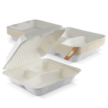 FOOGO Green 300pcs Eco-Friendly Clamshell Takeaway Boxes, 9x9 inch 46oz / 1300ml, 3 compartments, Made from Natural Sugarcane Pulp, Disposable Food C