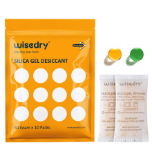 wisedry 50 Gram [10 Packs] Silica Gel Desiccant Sachets Microwave Fast Reactivate Desiccant Bags with Indicating Beads for Closet Gun Safes Bathroom