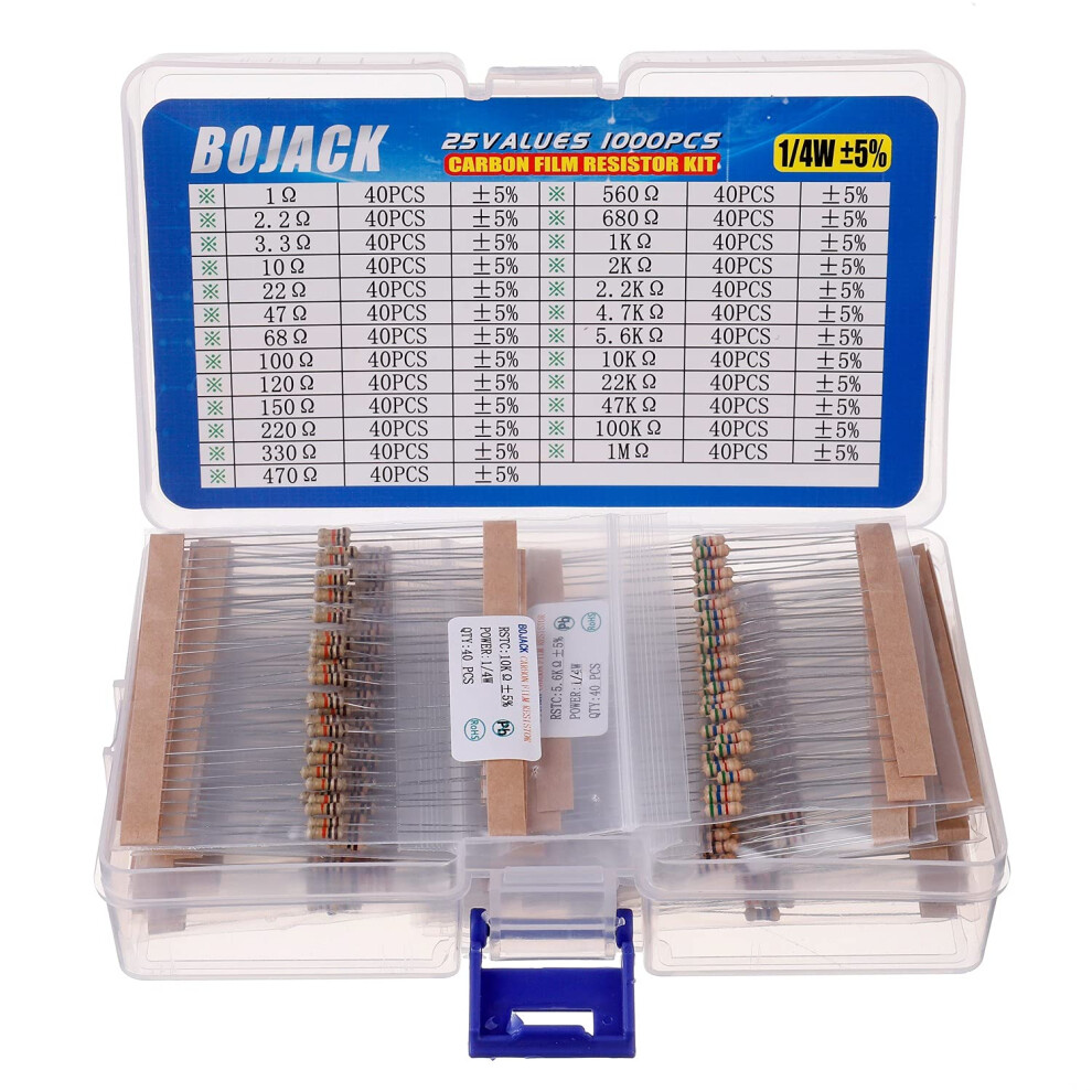 Bojack Resistor Assortment Kit 1 Ohm - 1M Ohm 1/4W Carbon Film (25 Values 1000 Pcs) 64043142