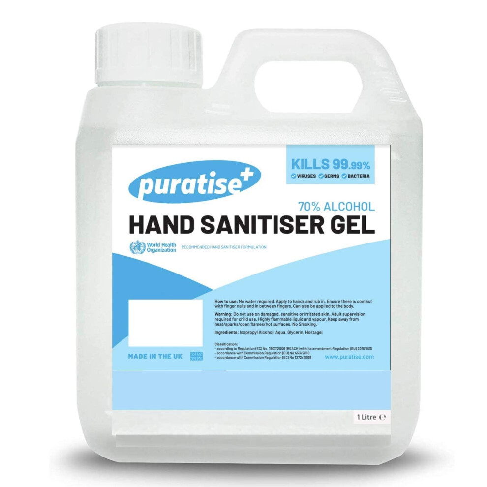 Puratise Hand Sanitiser 1L Antibacterial Hand Gel - 70% Alcohol Gel Hand Sanitiser Kills 99.99% Of Germs & Bacteria - X1 Made In The Uk (1 Litre)