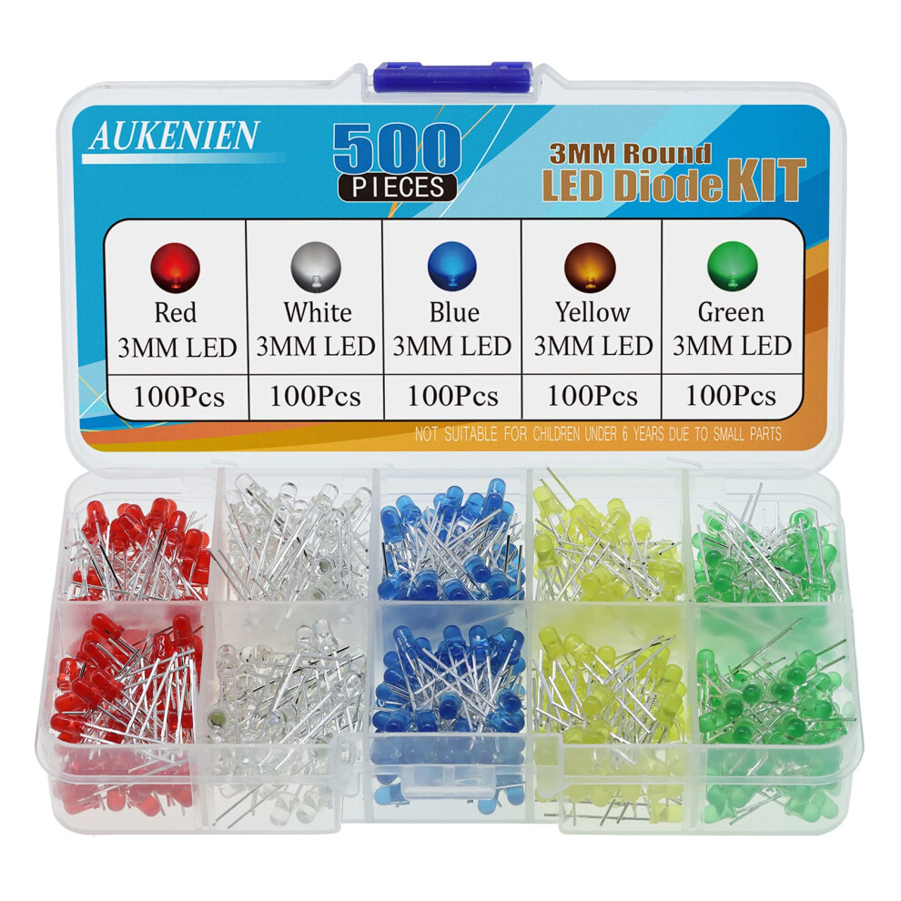 Aukenien 500Pcs 3Mm Led Diodes Light Emitting Diode Assortment Kit 5 Colors Red Blue Yellow Green White Round Led Lighting Bulb Lamp Components For E 75987220