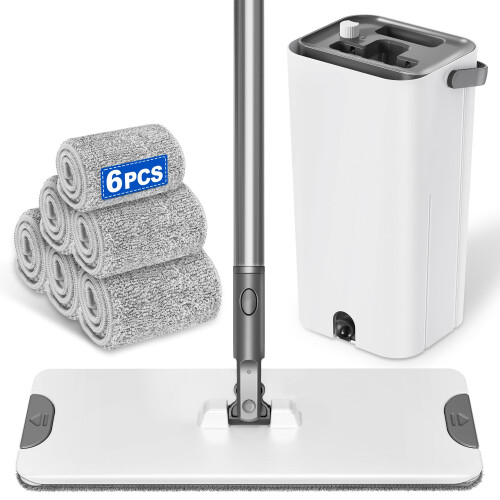 Flat Floor Mop and Bucket Sets: Dusting Mop with 6 Reusable Microfibre pads