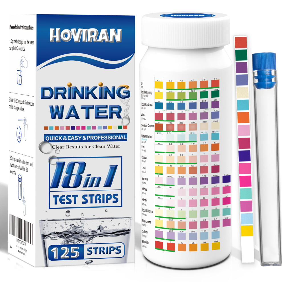 Hoviran 18-In-1 Water Quality Test Strips, Water Testing Kits For Drinking Water,125 Ct Home,Well Water Testing Kit For Lead, Water Hardness,Iron,Copper,Heav